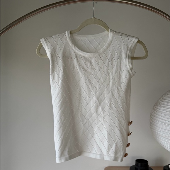 Balmain Tops - Balmain Paris Sleeveless White Knit Top with Gold Side Button Detail